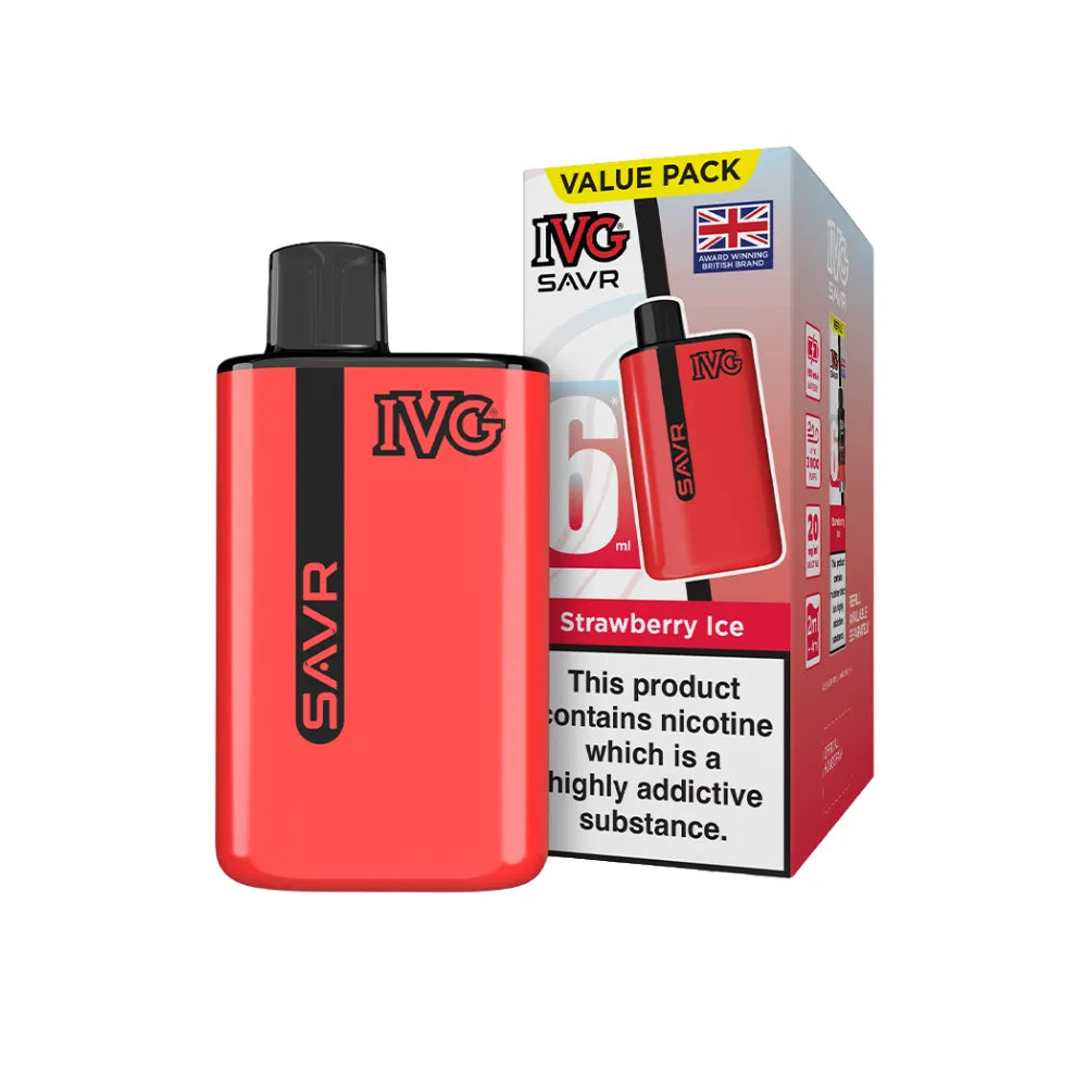 Red IVG SAVR vape device with packaging on a white background