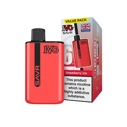 Red IVG SAVR vape device with packaging on a white background
