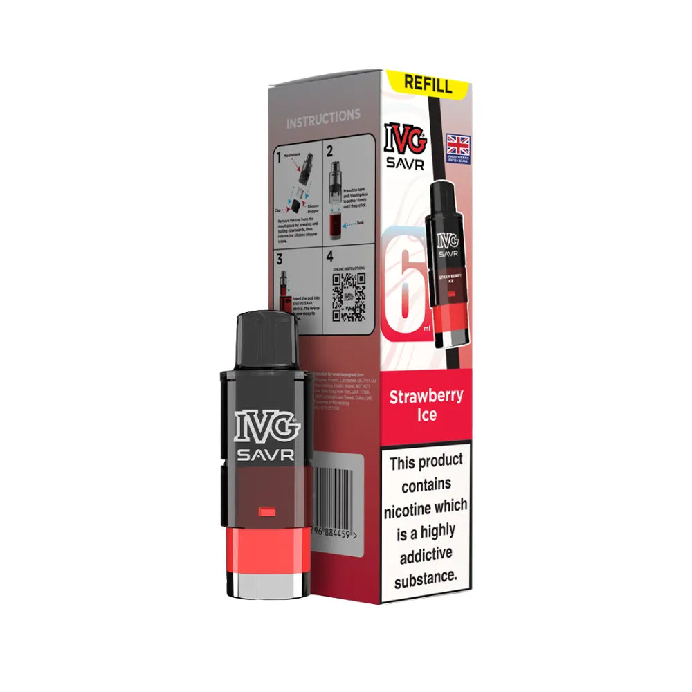 Strawberry Ice IVG SAVR refills and packaging on a white background