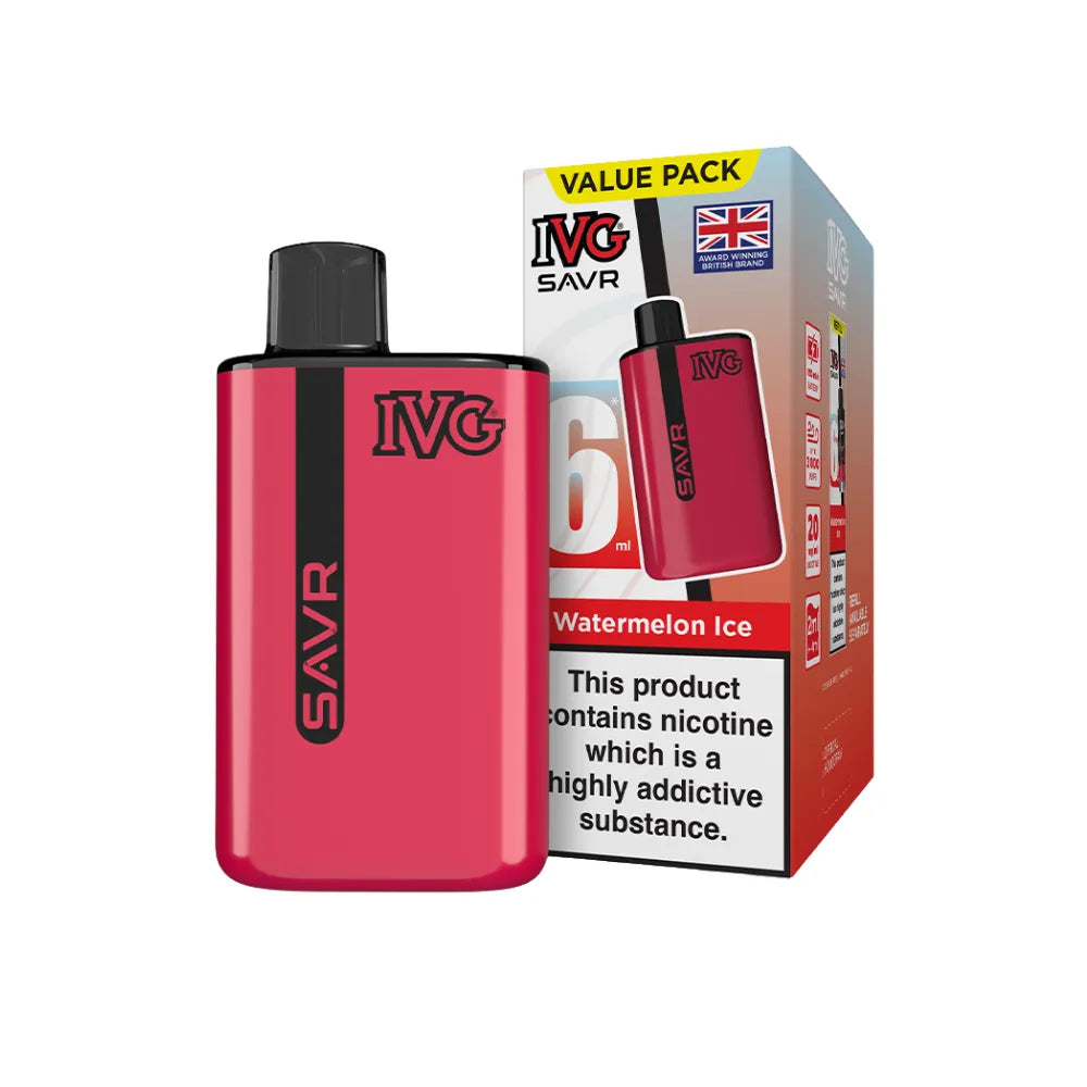 Red IVG SAVR vape device with packaging on a white background