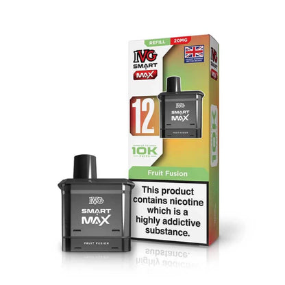 IVG Smart MAX refill vape pod in "Fruit Fusion" flavour beside colourful packaging on a white background.