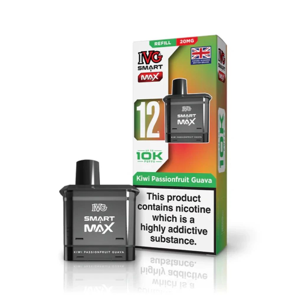 IVG Smart MAX refill vape pod in "Kiwi Passionfruit Guava" flavour beside colourful packaging on a white background.