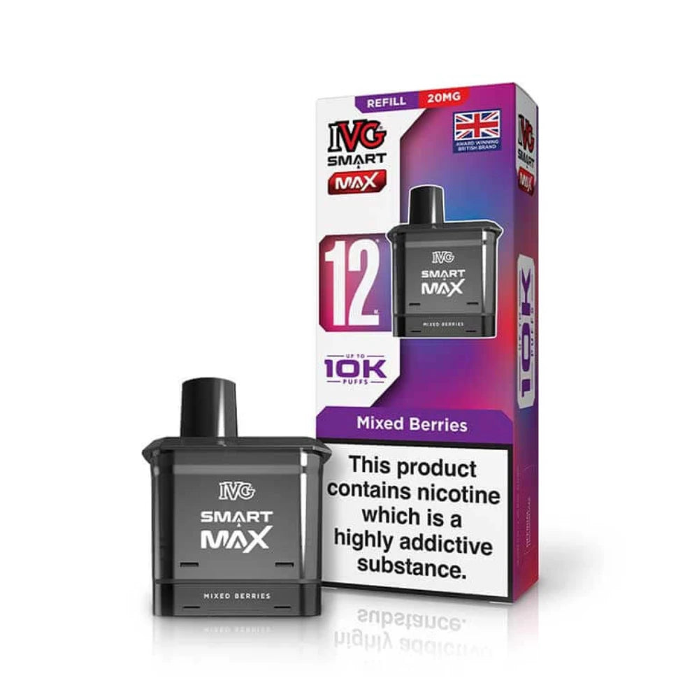 IVG Smart MAX refill vape pod in "Mixed Berries" flavour beside colourful packaging on a white background.