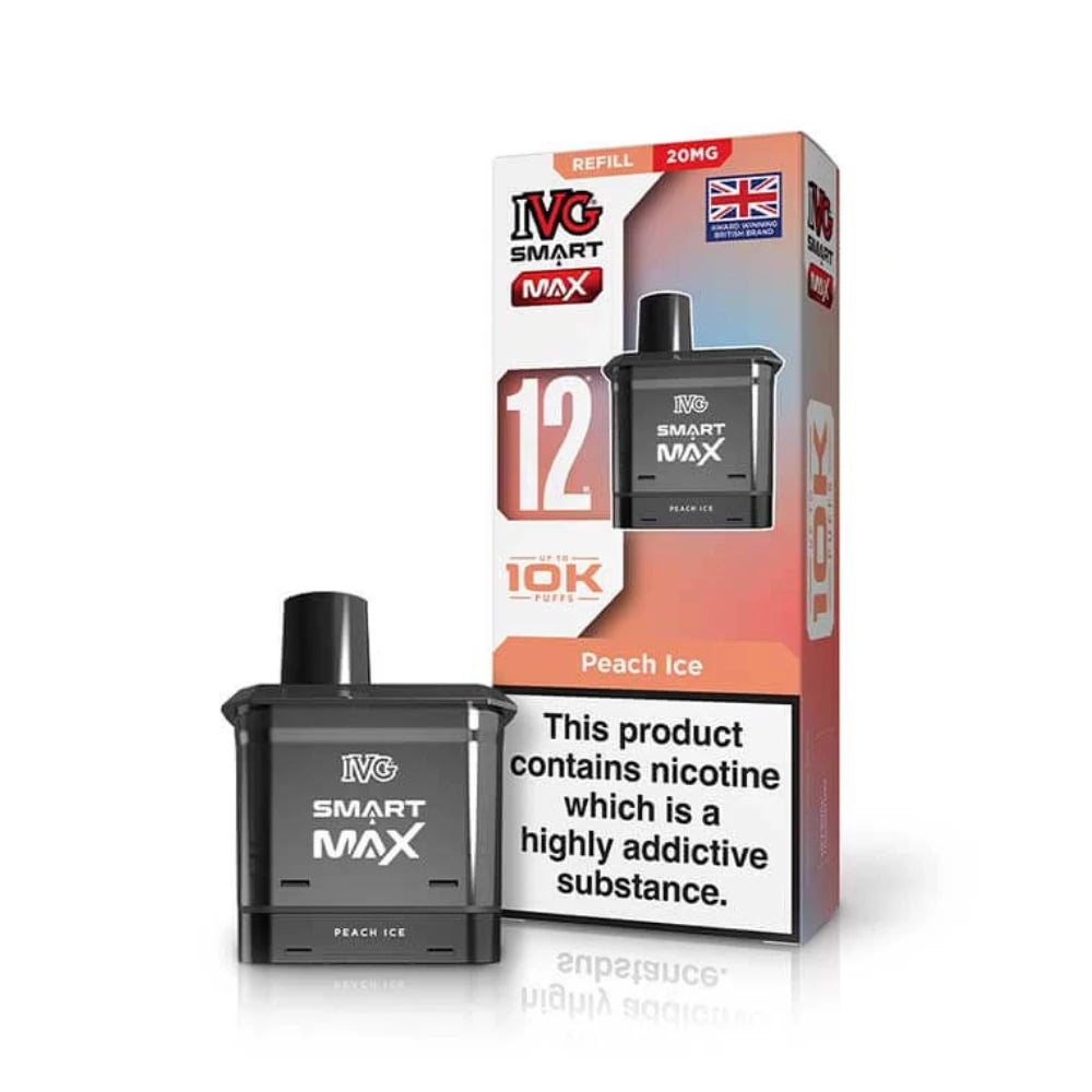 IVG Smart MAX refill vape pod in "Peach Ice" flavour beside colourful packaging on a white background.
