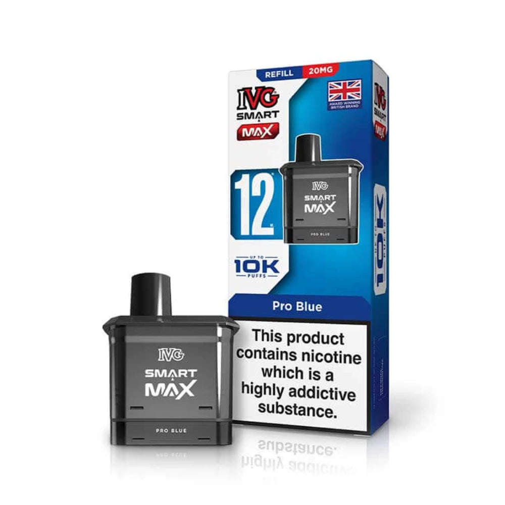 IVG Smart MAX refill vape pod in "Pro Blue" flavour beside colourful packaging on a white background.