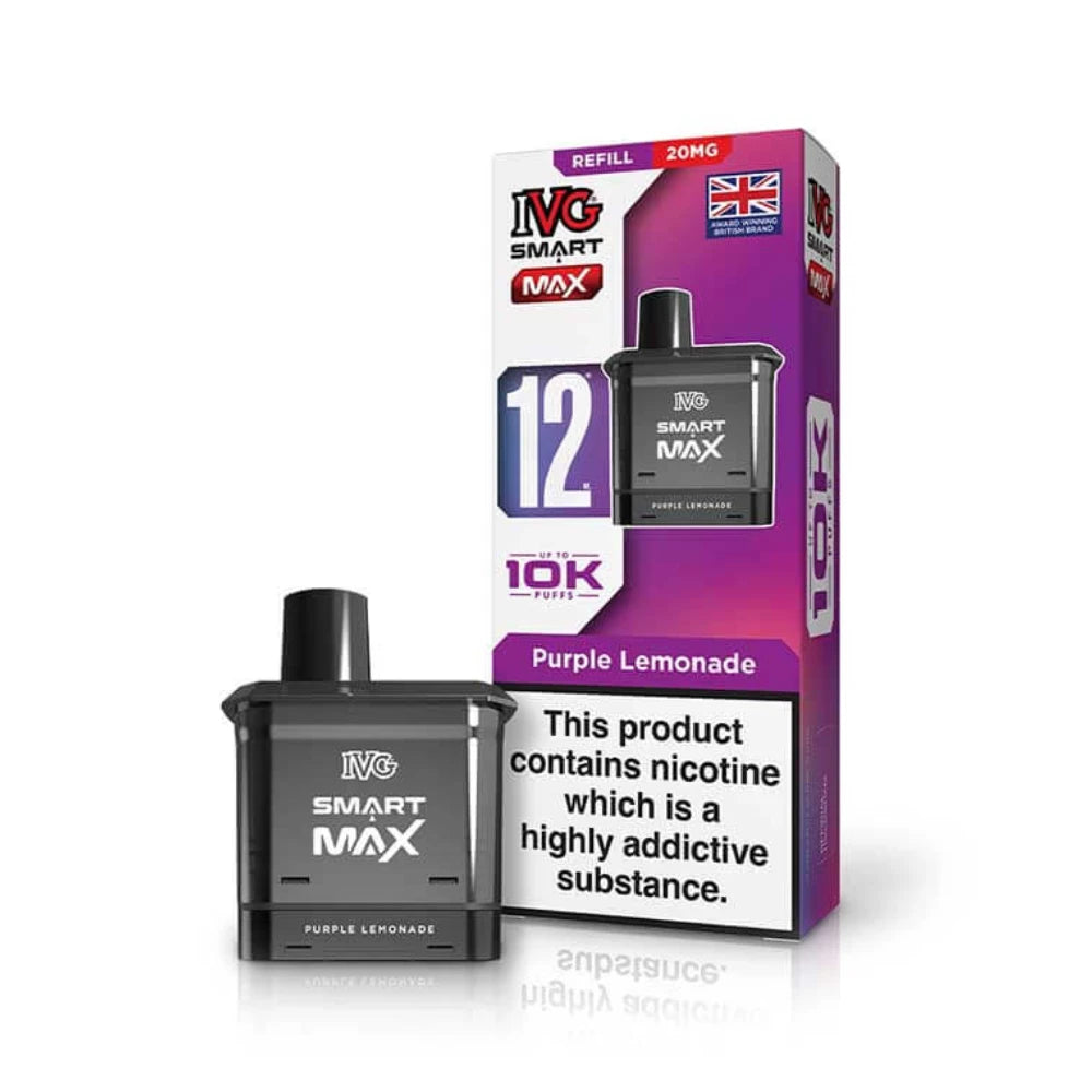 IVG Smart MAX refill vape pod in "Purple Lemonade" flavour beside colourful packaging on a white background.