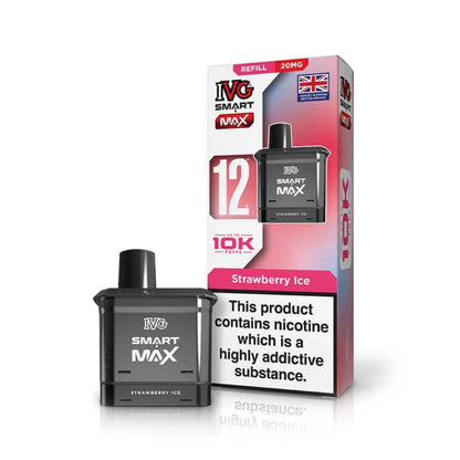 IVG Smart MAX refill vape pod in "Strawberry Ice" flavour beside colourful packaging on a white background.