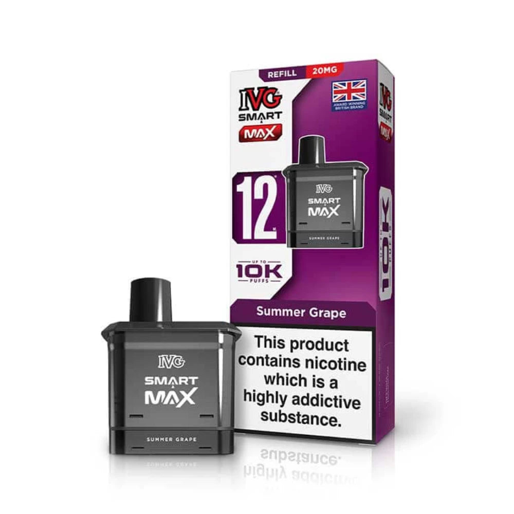IVG Smart MAX refill vape pod in "Summer Grape" flavour beside colourful packaging on a white background.