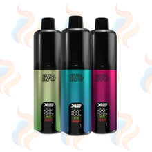 Three IVG XL25 vape devices in green, blue, and pink on a white background UK Vape Supply Logo printed