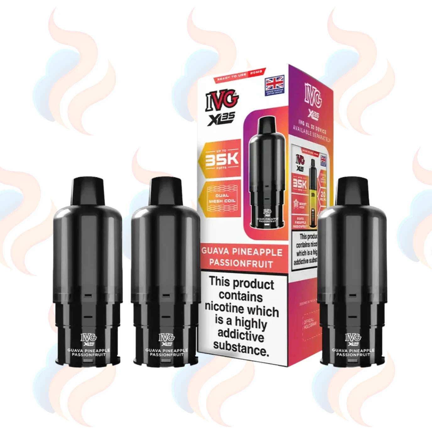 Three IVG XL 35k refills on a white background with UK Vape Supply Logo