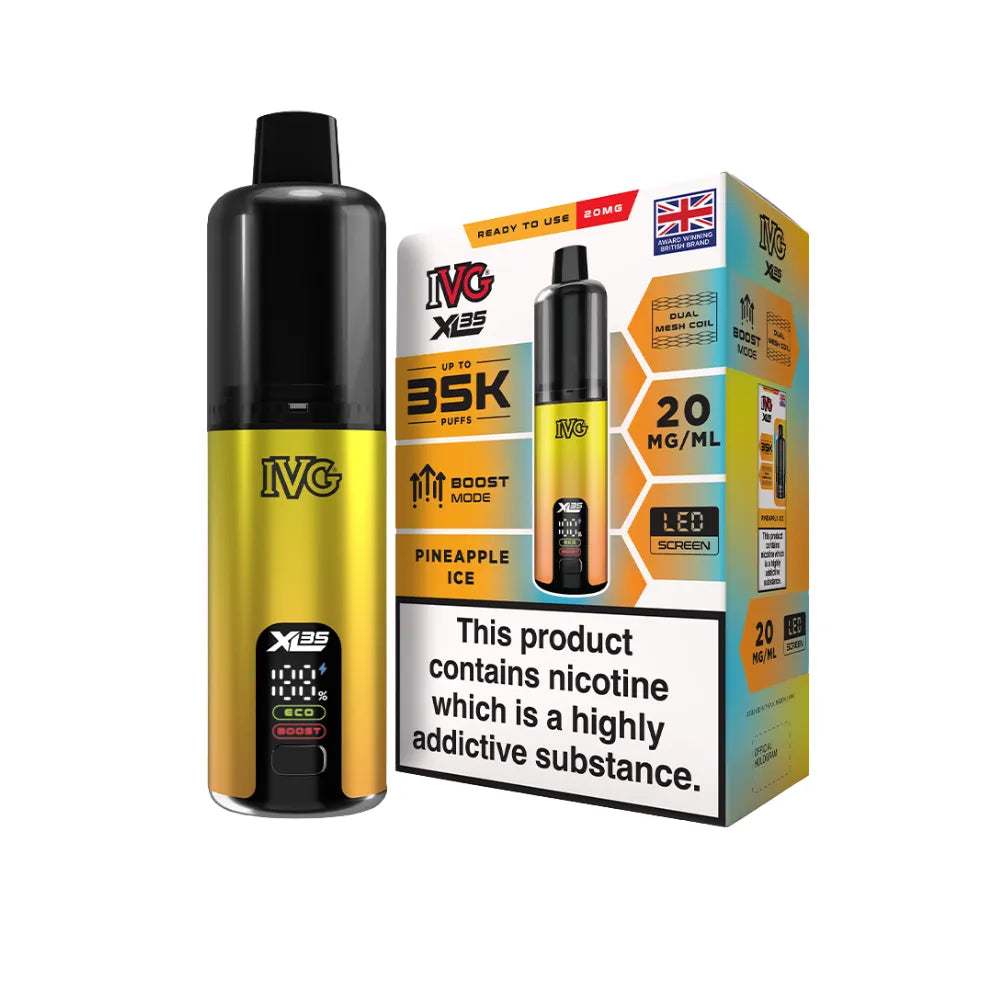 IVG vaping device and packaging on a white background