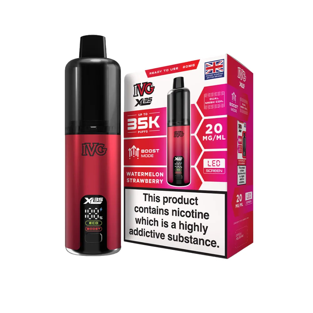 Red IVG vaping device and packaging on a white background