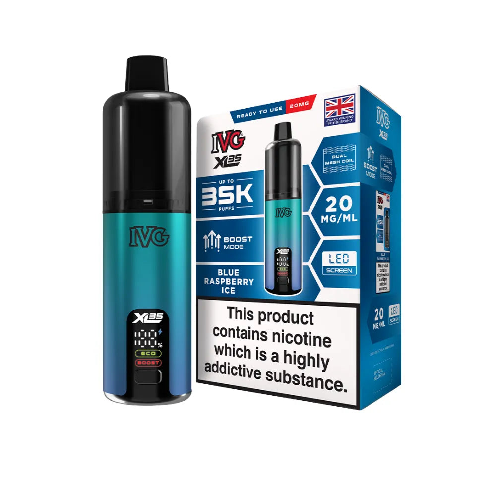 IVG vaping device and packaging on a white background