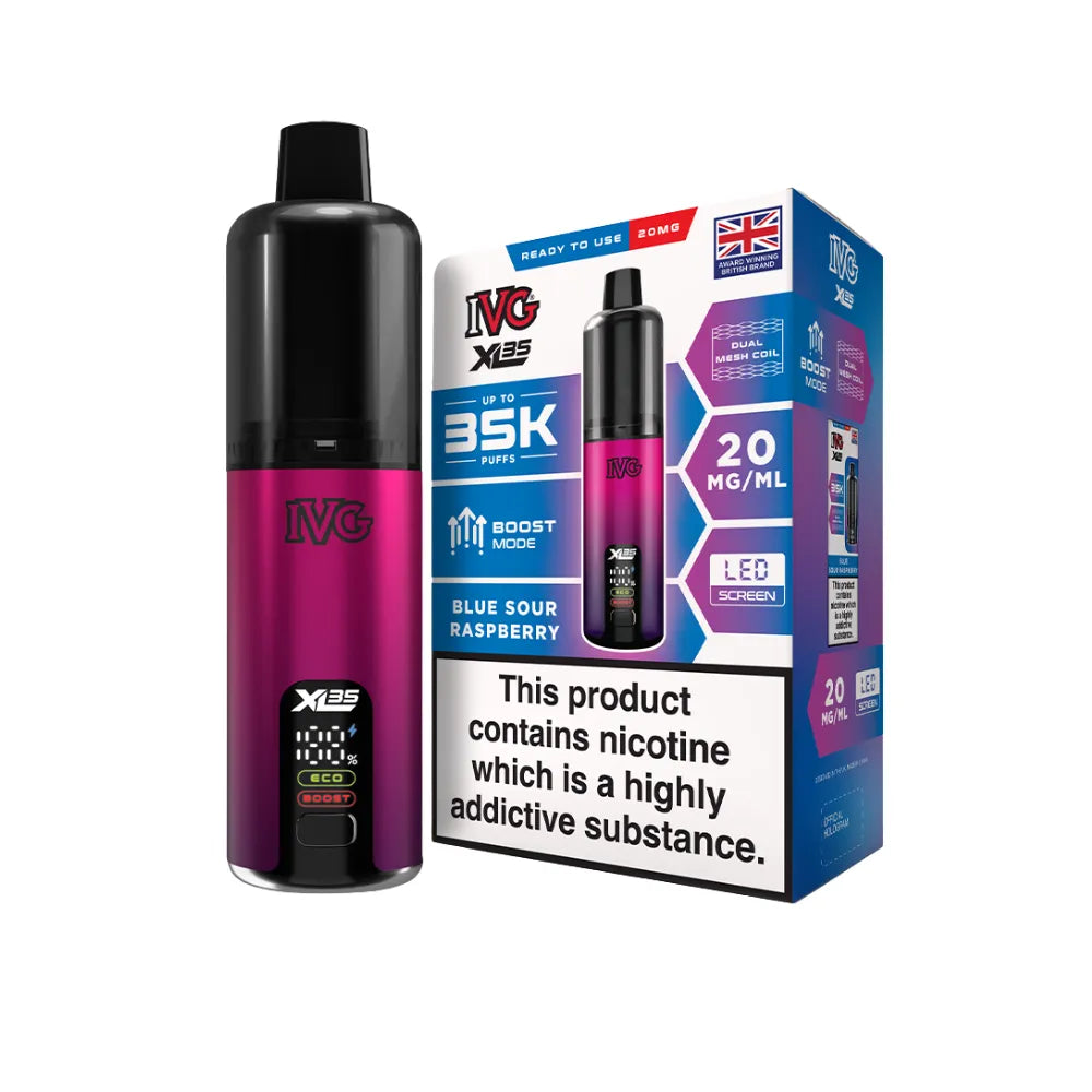 Purple vape device with black top and bottom, next to its packaging on a white background.