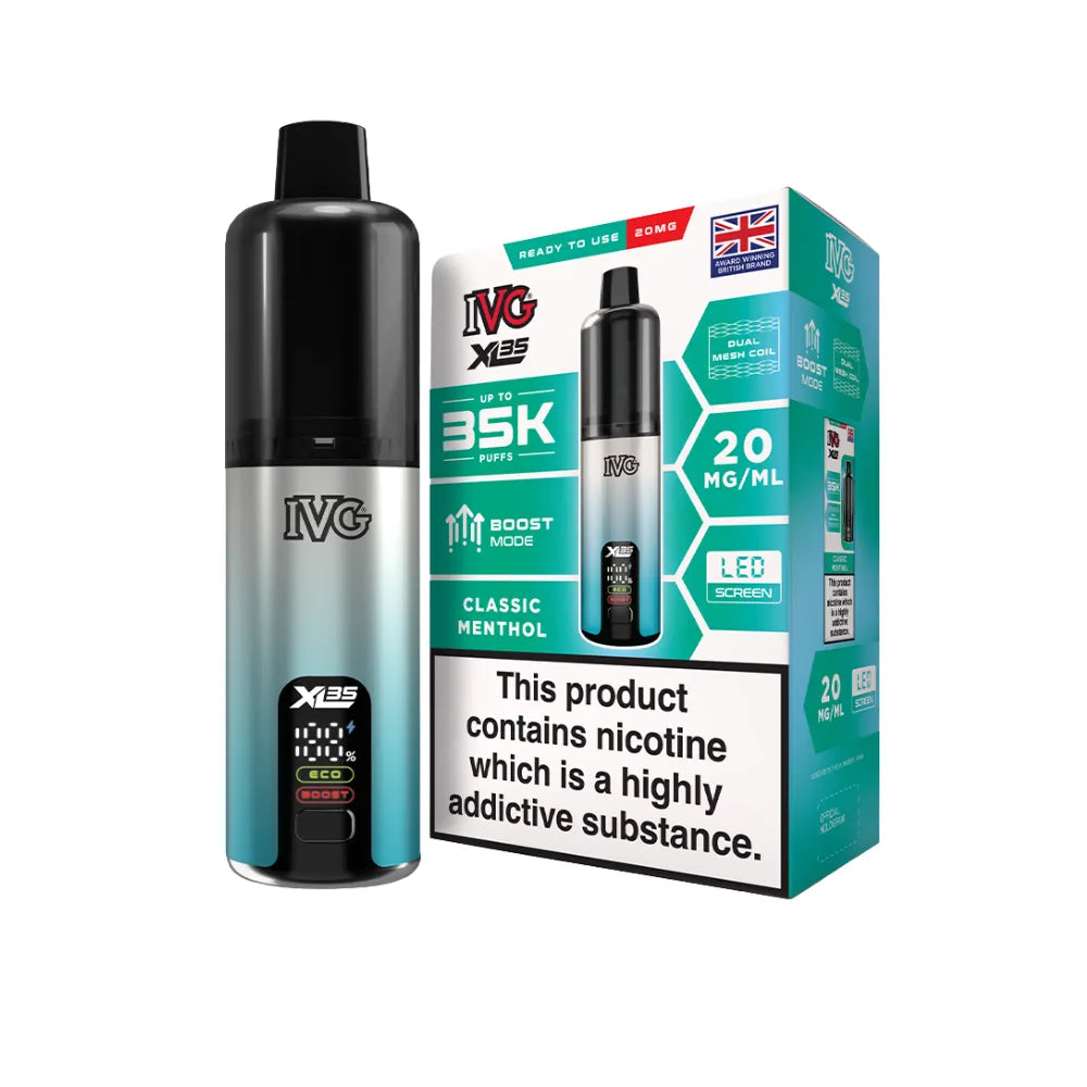 IVG vaping device and packaging on a white background