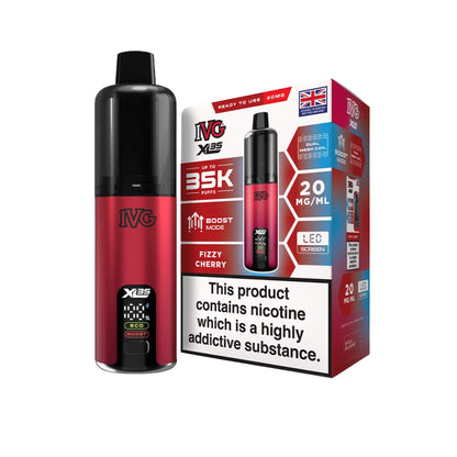 Red IVG vaping device with packaging on a white background