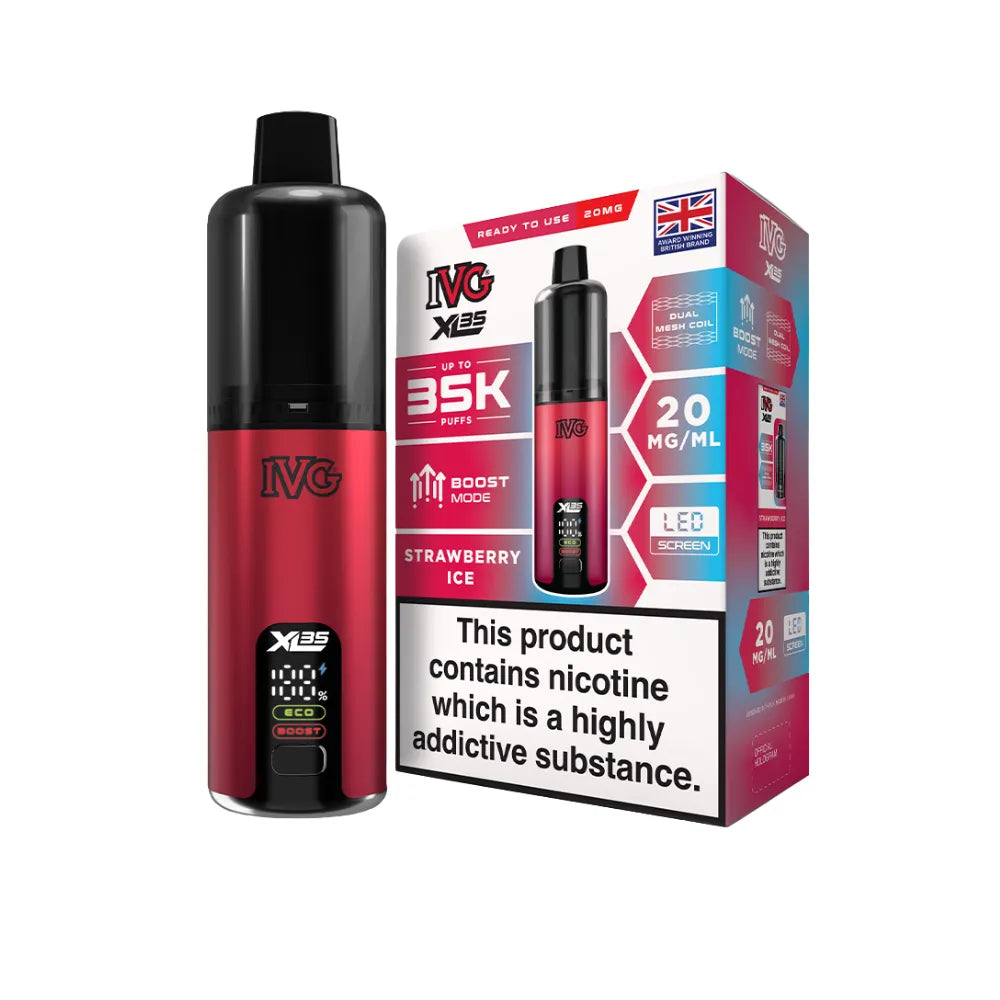 Red IVG vaping device with packaging on a white background