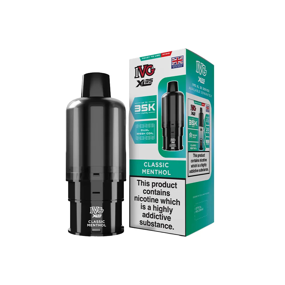 IVG XL 35K Classic Menthol pods and packaging on a white background