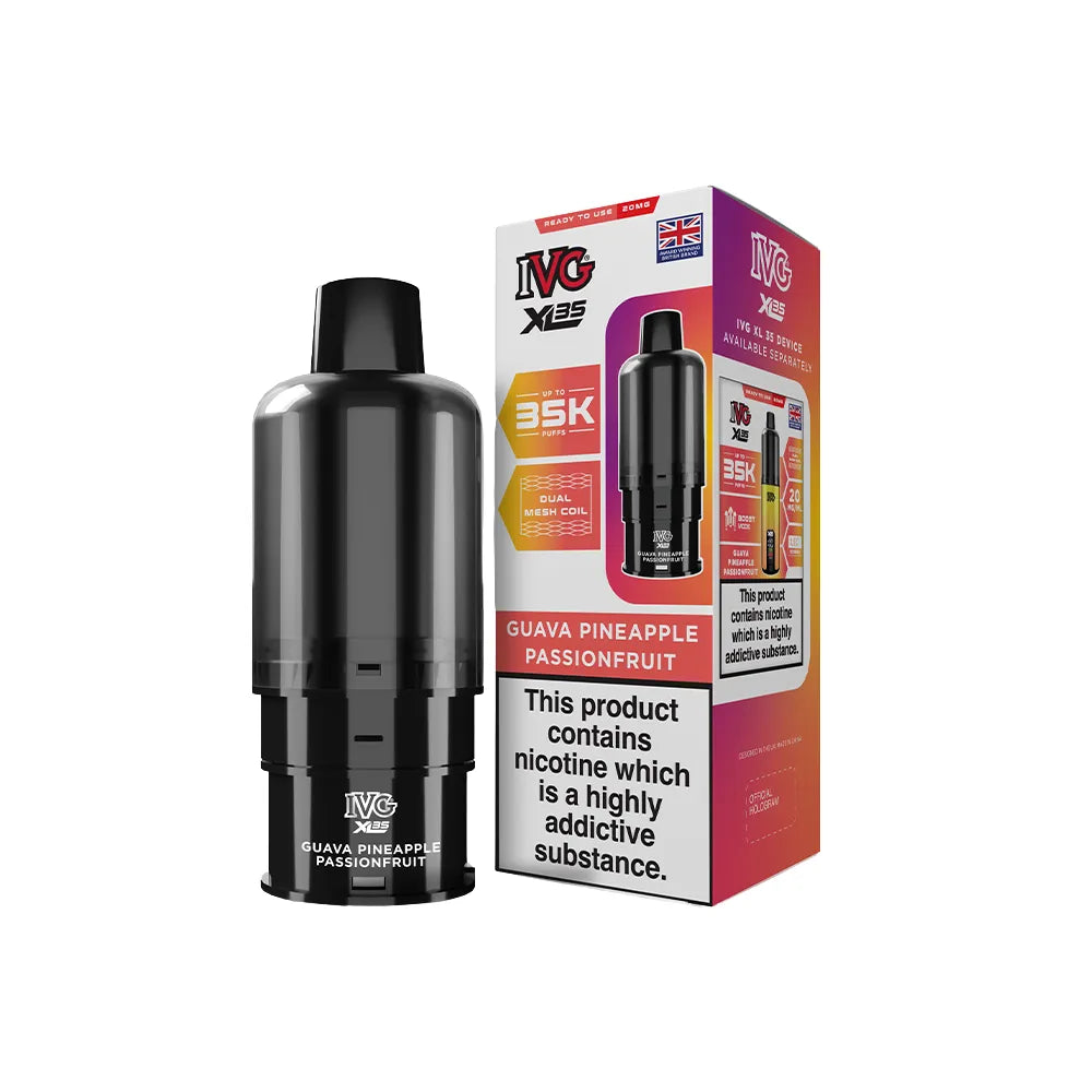 IVG XL 35K Guava Pineapple Passionfruit pods and packaging on a white background