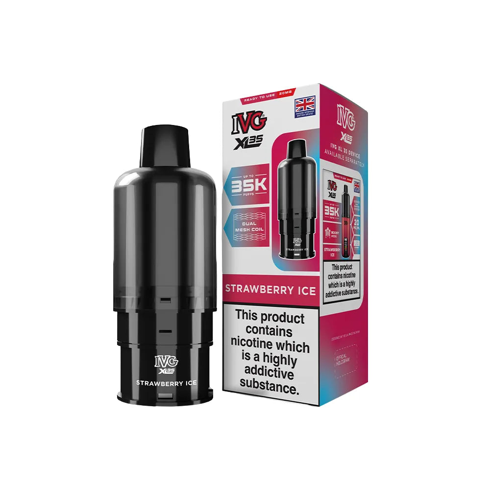 IVG XL 35K Strawberry Ice pods and packaging on a white background