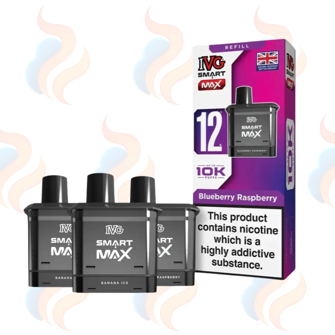 Three IVG Smart Max refills on a white background with UK Vape Supply Logo