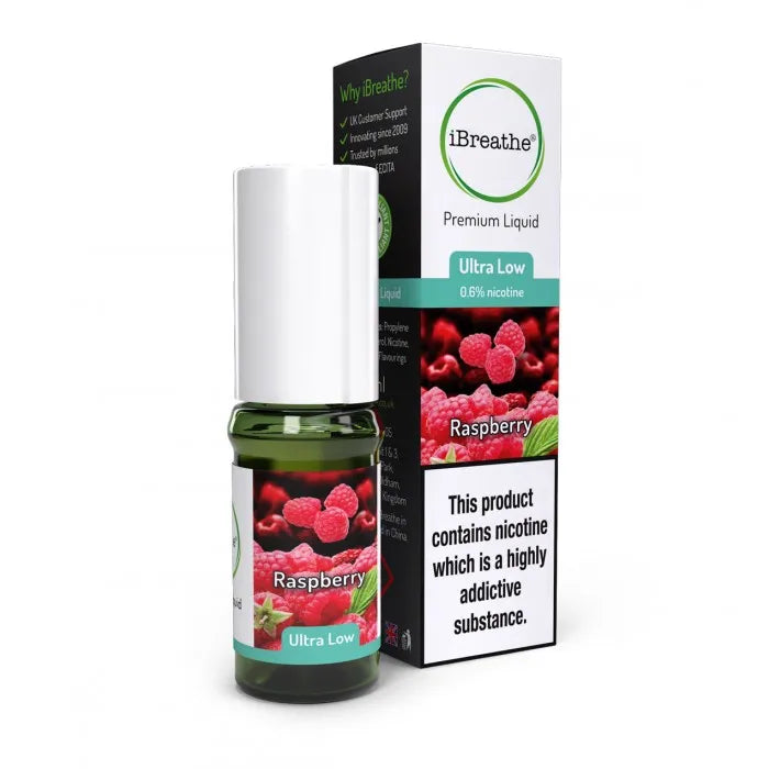 iBreathe raspberry nicotine liquid bottle and packaging on a white background