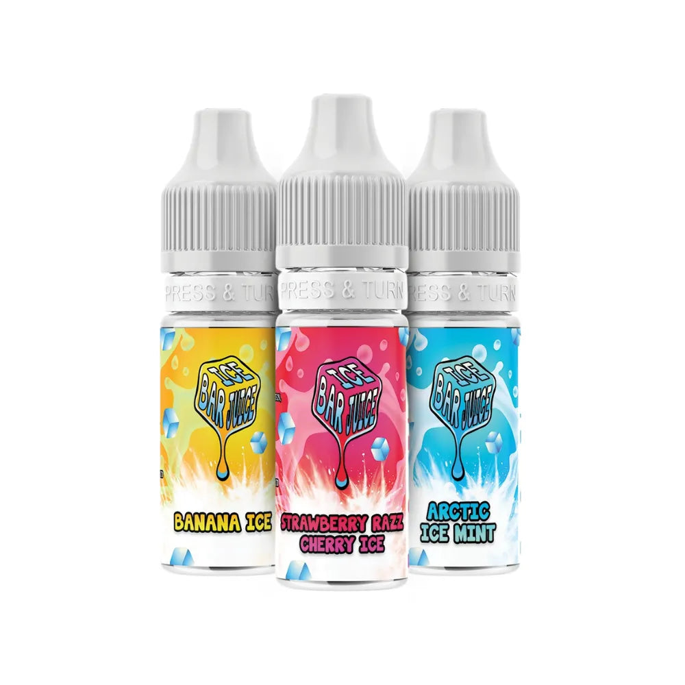 Three bottles of ice bar juice salts flavored e-liquid with colorful labels on a white background