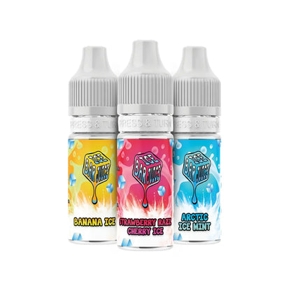Three bottles of ice bar juice salts flavored e-liquid with colorful labels on a white background