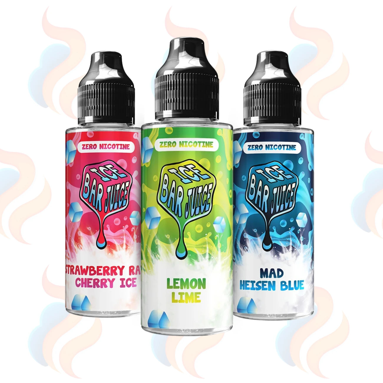 Three Ice Bar Juice 100ml Shortfill E-liquids on a white background with UK Vape Supply Logo