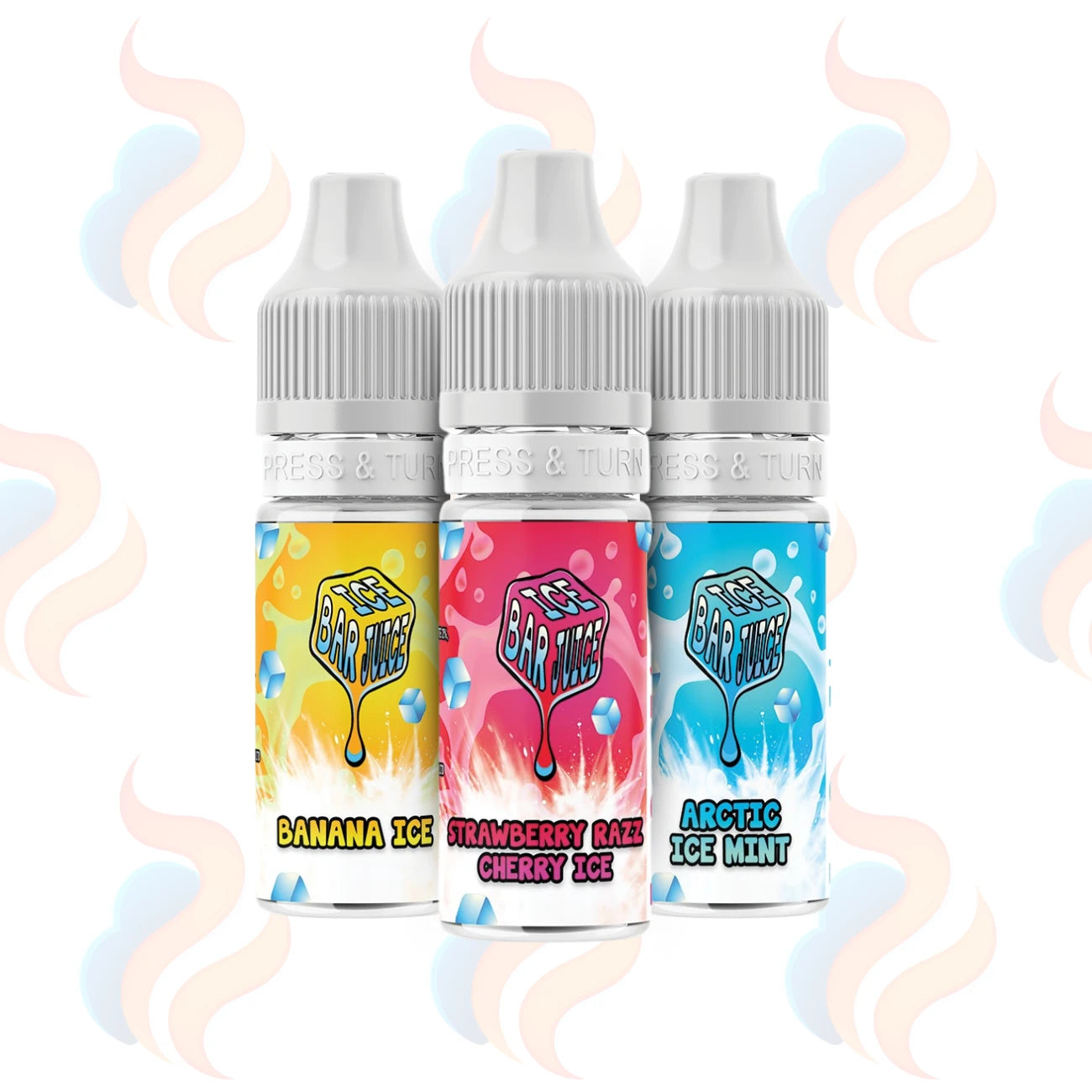 Three Ice Bar Juice Salt E-liquids on a white background with UK Vape Supply Logo