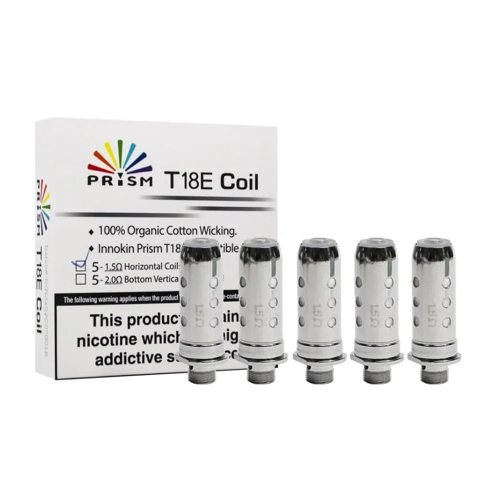 Prism T18E Coils packaging with coils on a white background