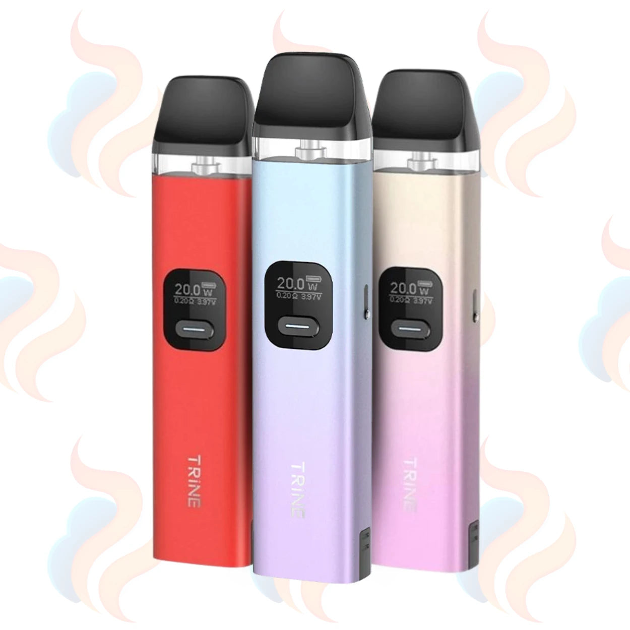 Three Innokin Trine Vape devices on a white background with UK Vape Supply Logo
