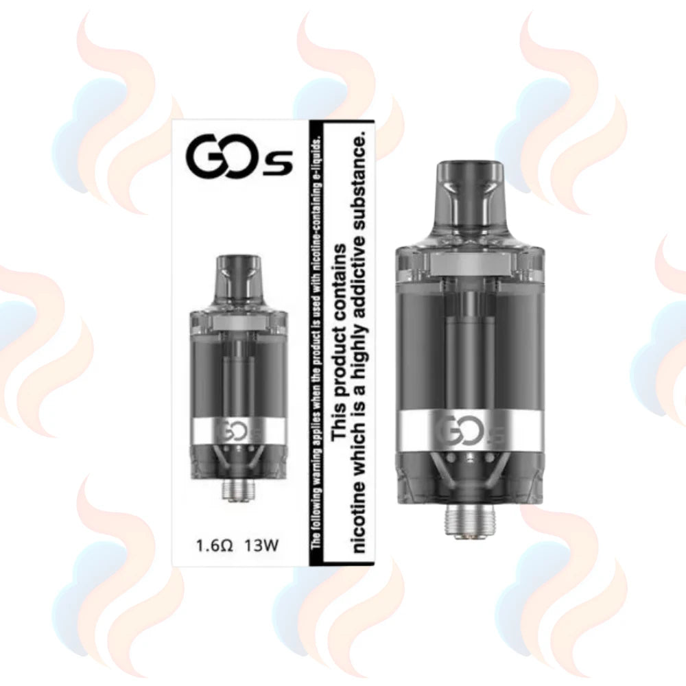 Vaping tank with 'Innokin GO S' branding on a white background with smoke effects.