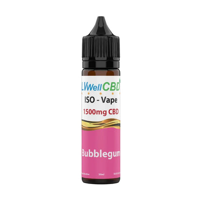 CBD vape bottle 1500mg bubblegum with colourful label on a white background