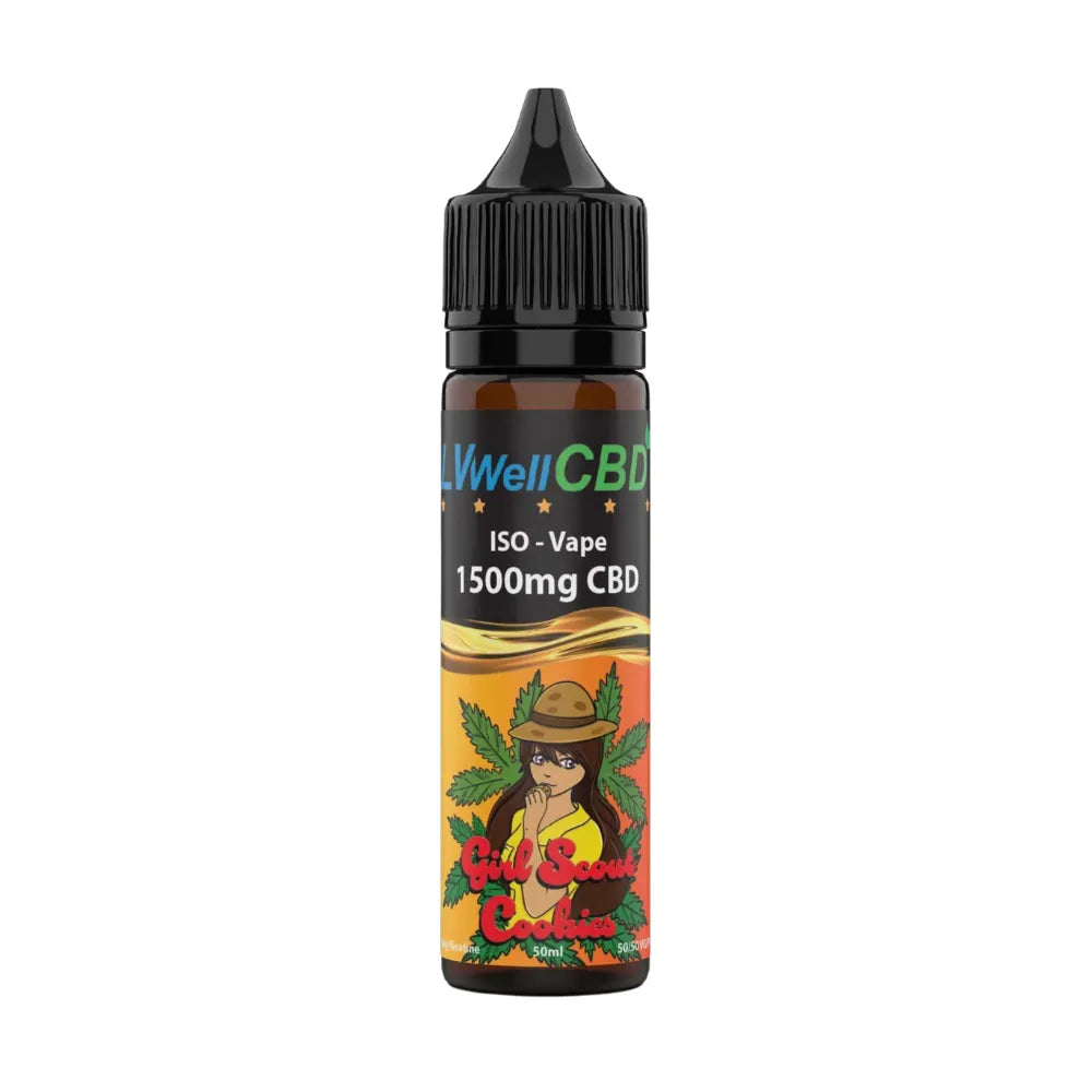 CBD vape bottle 1500mg girl scout cookies with colourful label on a white background