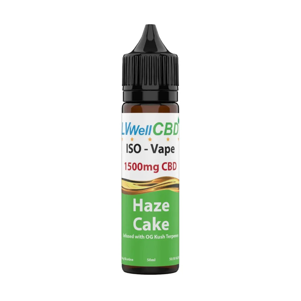 CBD vape bottle 1500mg haze cake with colourful label on a white background