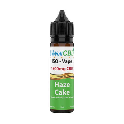 CBD vape bottle 1500mg haze cake with colourful label on a white background