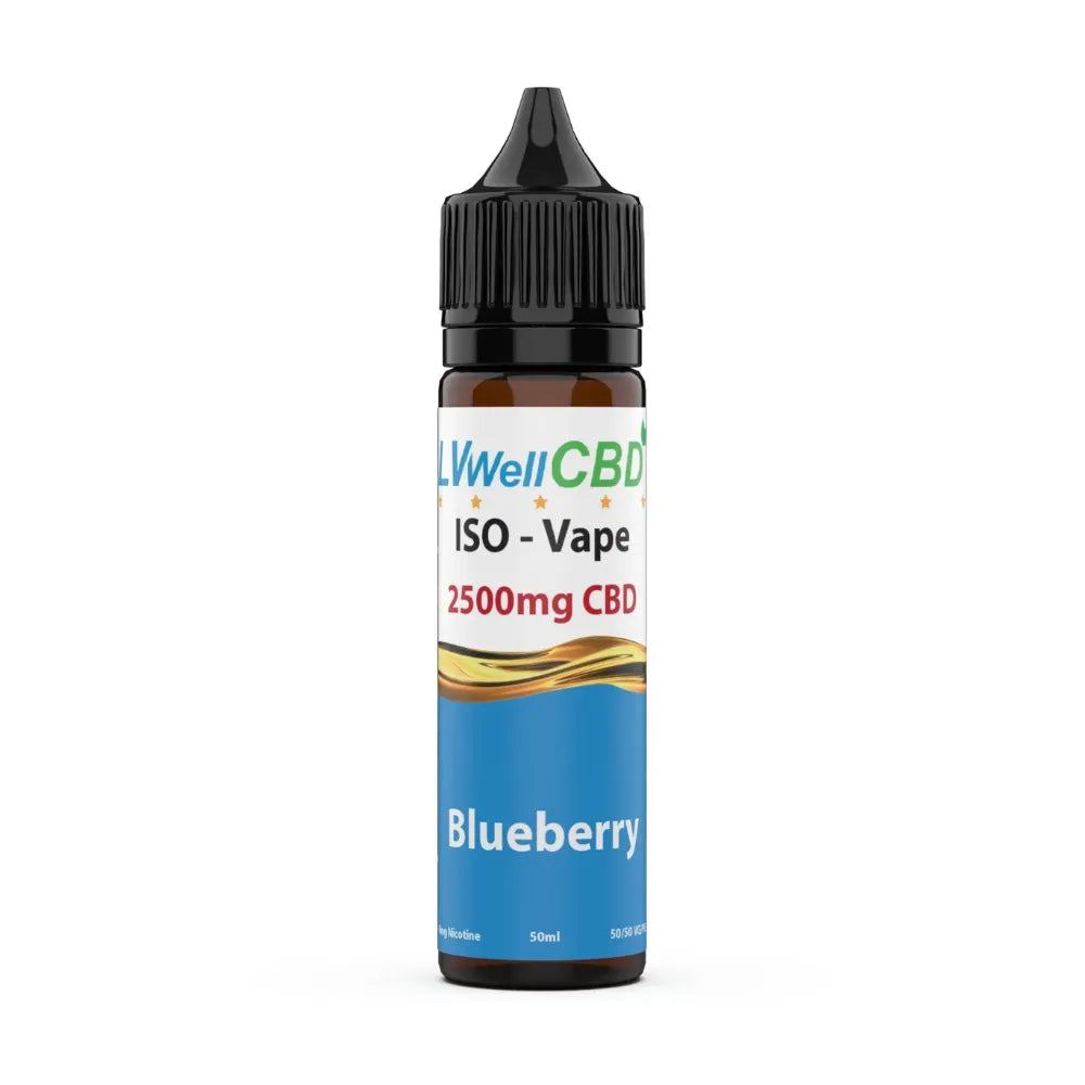 CBD vape bottle 2500mg blueberry with colourful label on a white background