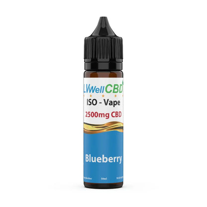 CBD vape bottle 2500mg blueberry with colourful label on a white background