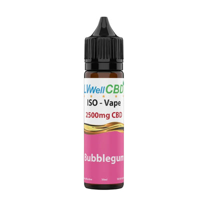 CBD vape bottle 2500mg bubblegum with colourful label on a white background