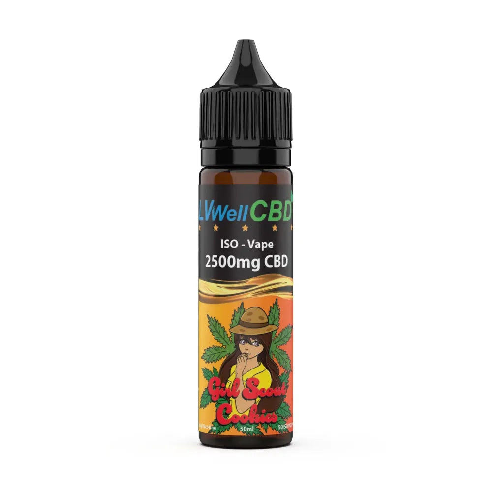 CBD vape bottle 2500mg girl scout cookies with colourful label on a white background