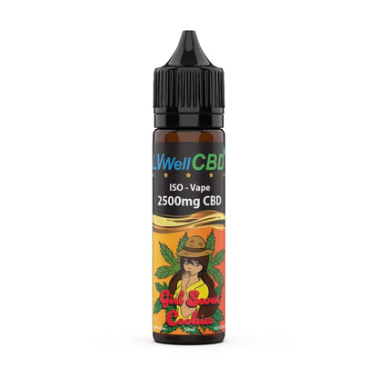 CBD vape bottle 2500mg girl scout cookies with colourful label on a white background