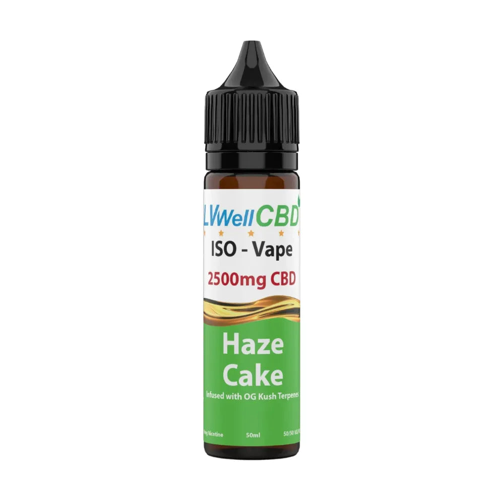 CBD vape bottle 2500mg haze cake with colourful label on a white background