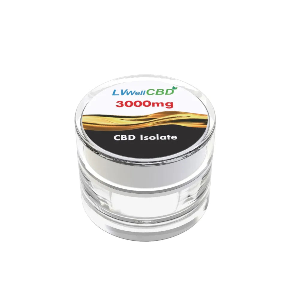 Clear container with a label indicating 3000mg CBD Isolate on a white background