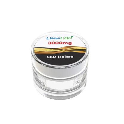Clear container with a label indicating 3000mg CBD Isolate on a white background