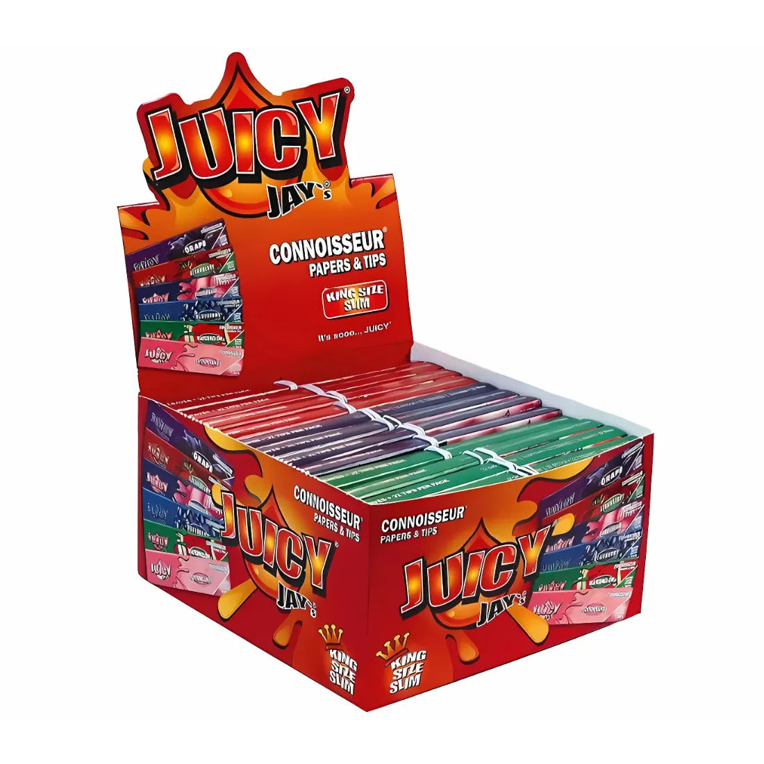 Juicy Jay's king size slim flavoured rolling papers and tips in a colourful box of 12 on a white background
