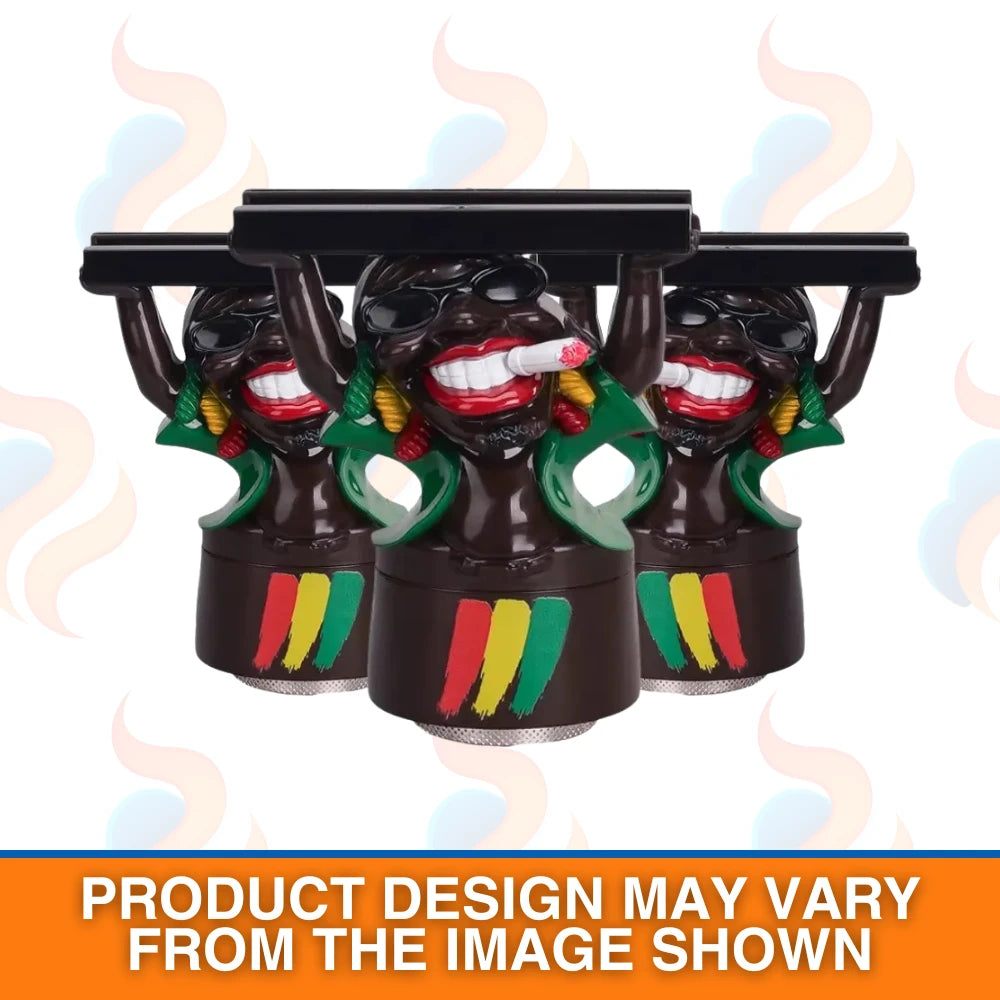 Three black "Jamaica with a slim" grinders with colourful designs on a white background