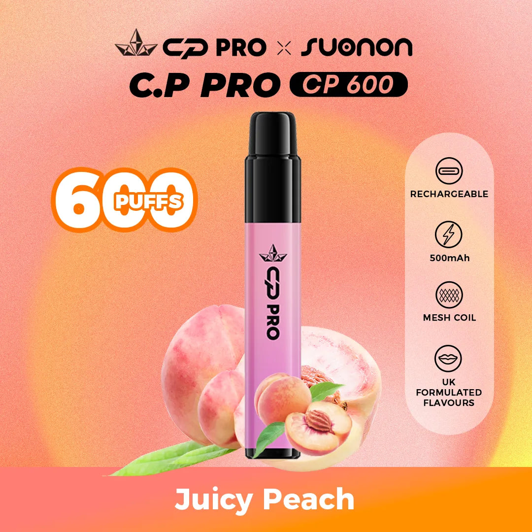 Suonon x CP Pro CP600 vape device with juicy peach flavour on a colourful gradient background