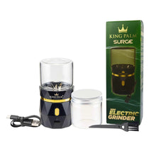 King Palm Surge mini electric grinder with packaging, jar, and tool on a white background