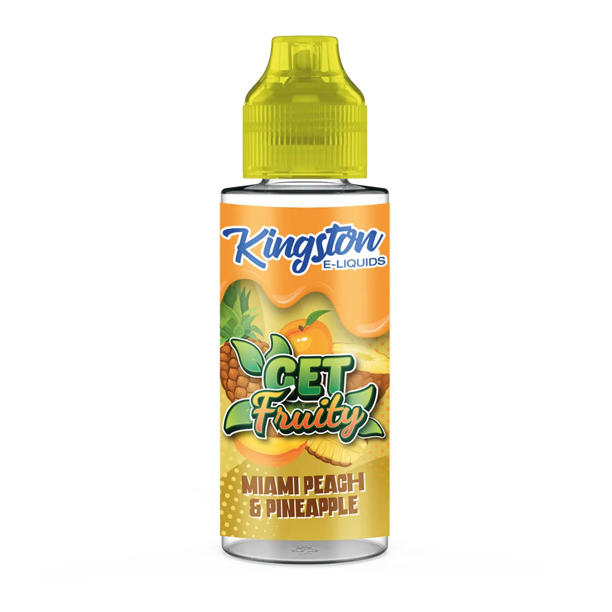 Kingston E-Liquids Miami Peach & Pineapple flavor bottle on a white background